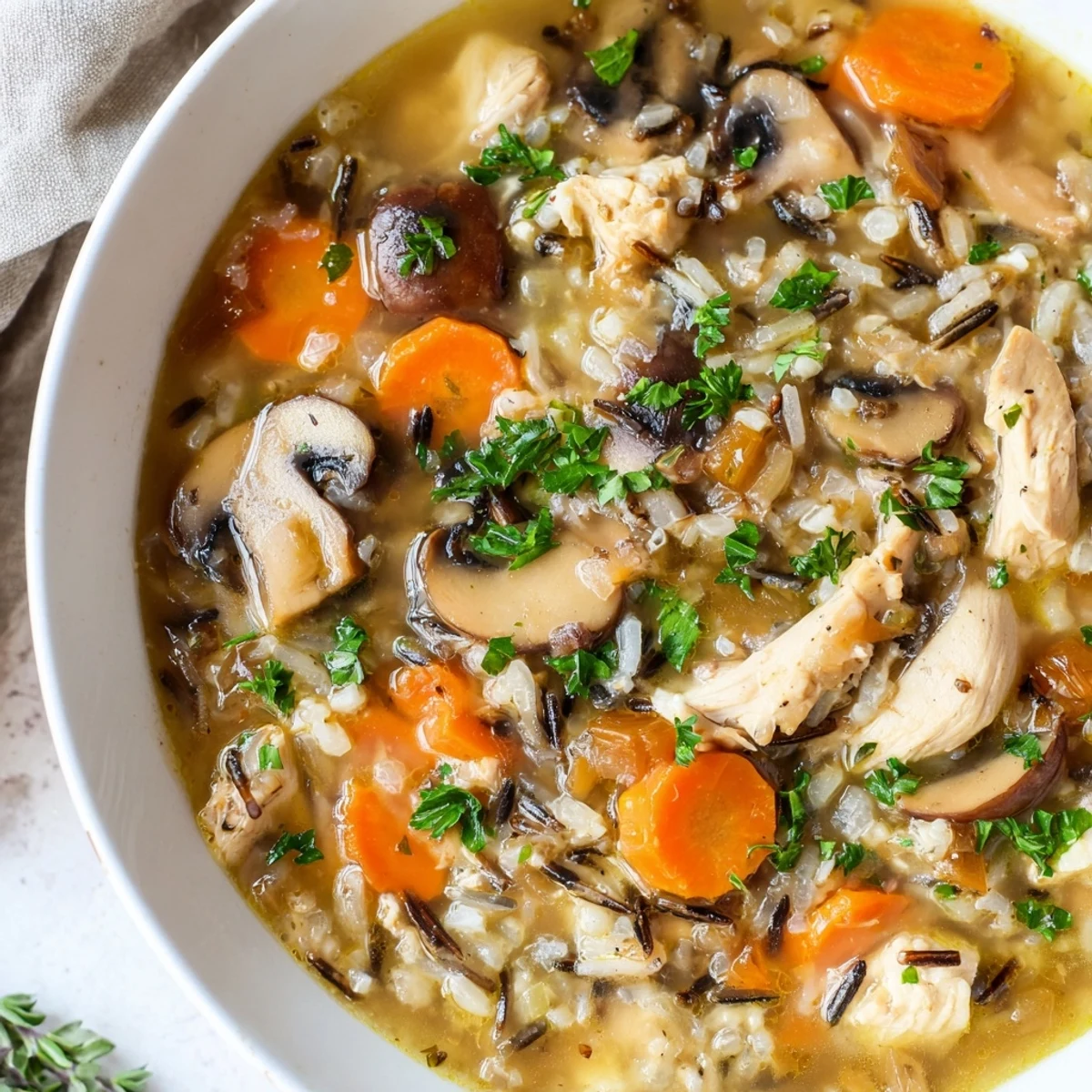 Golden-brown mushrooms and tender chicken pieces swim in a rich, earthy broth filled with wild rice and diced carrots in this hearty Instant Pot Chicken and Wild Rice Soup with Mushrooms.