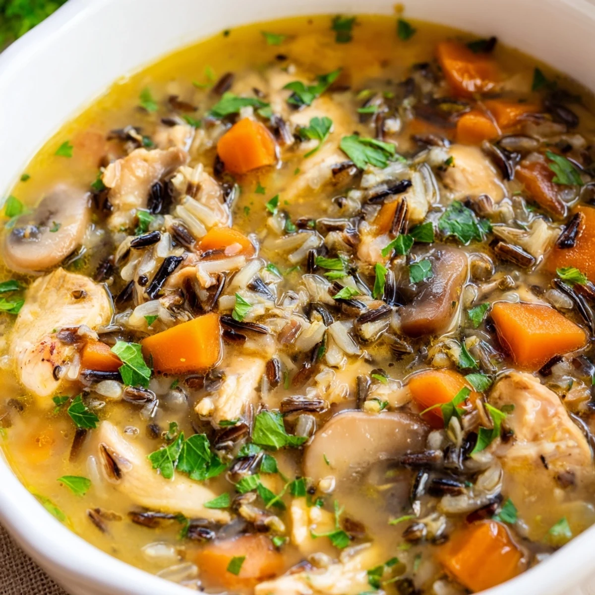 Overhead view of freshly cooked Instant Pot Chicken and Wild Rice Soup with Mushrooms, revealing creamy broth textures, sliced cremini mushrooms, and hearty chunks of chicken ready to serve.