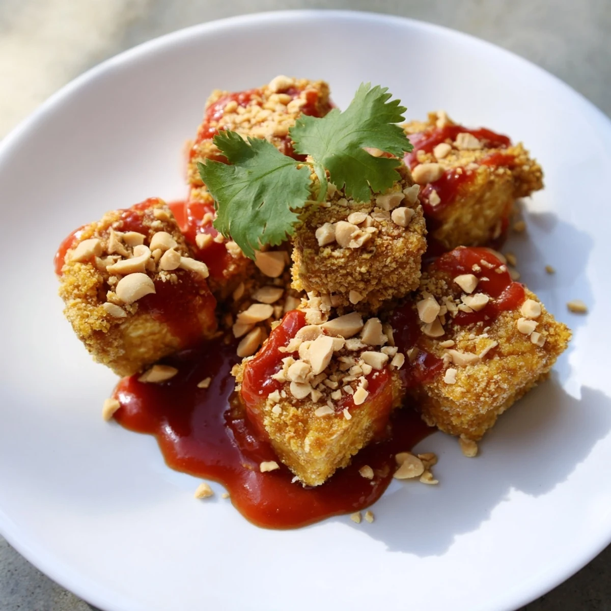 Steaming plate of Crispy Baked Tofu topped with chopped peanuts and fresh cilantro for a vegan dinner.