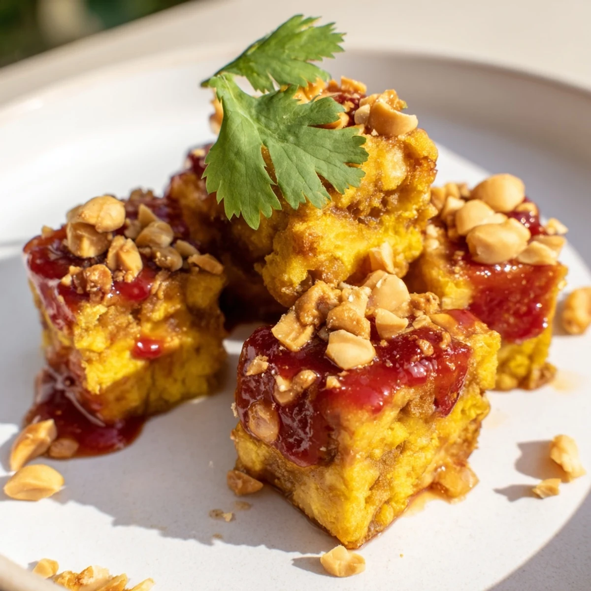 Golden-brown Crispy Baked Tofu cubes piled high, ready to be drizzled with rich spicy peanut sauce.