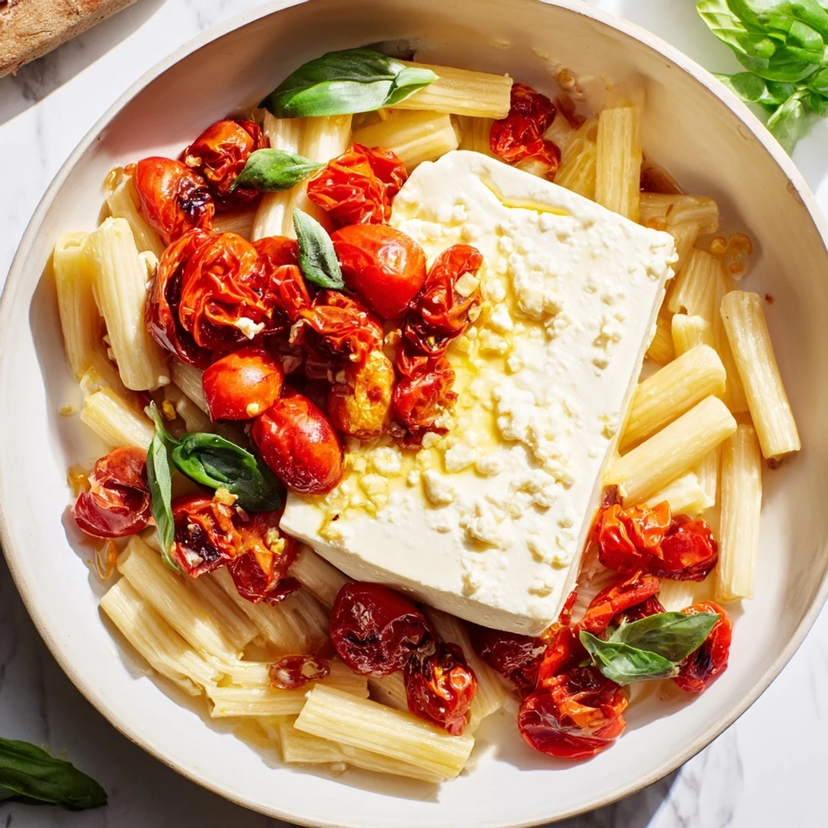 Freshly baked feta pasta with roasted cherry tomatoes and torn basil leaves in a white dish.