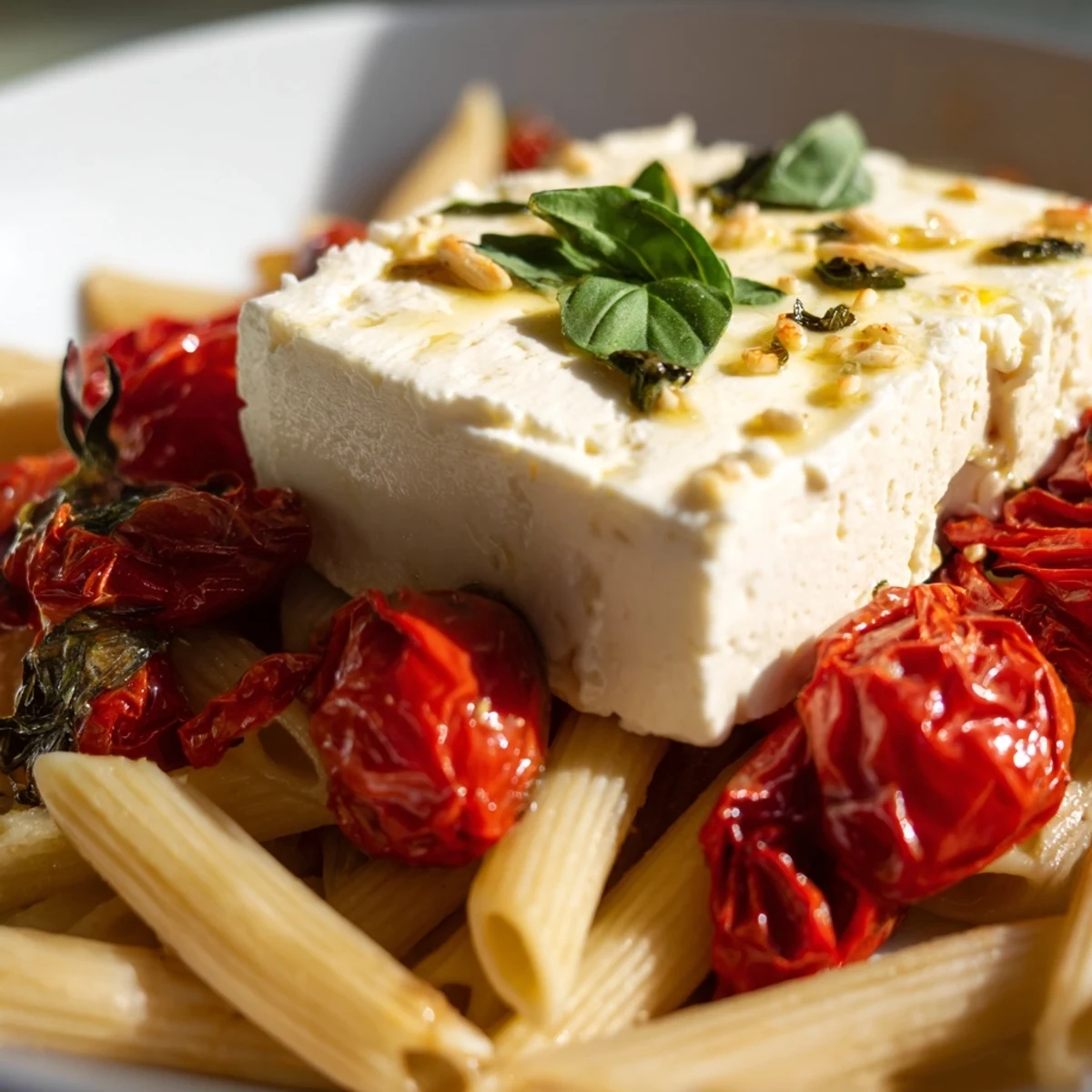 Creamy Baked Feta Pasta with Cherry Tomatoes and Fresh Basil tossed with penne and garlic.