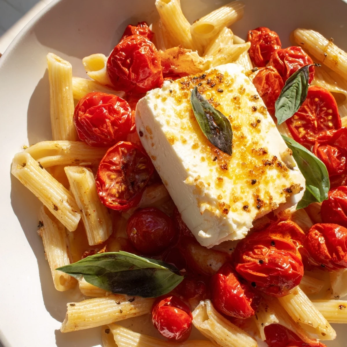 Savory Baked Feta Pasta with Cherry Tomatoes and Fresh Basil served warm, garnished with extra basil.