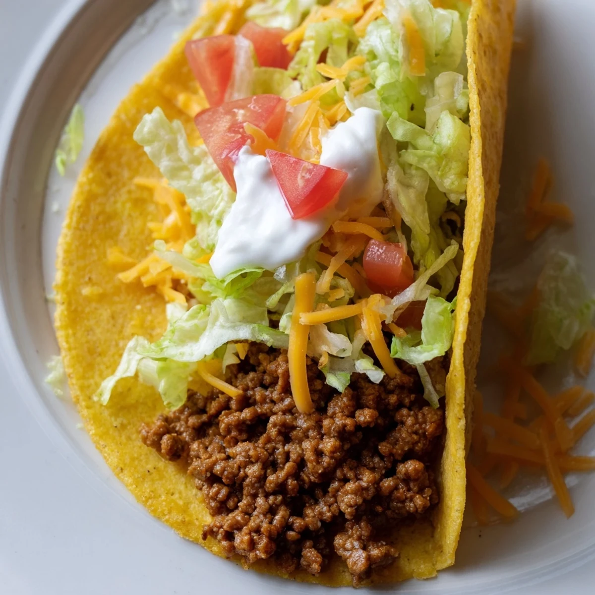 Freshly baked crispy taco shells overflowing with seasoned ground beef, melty cheddar, sour cream, and diced tomatoes.