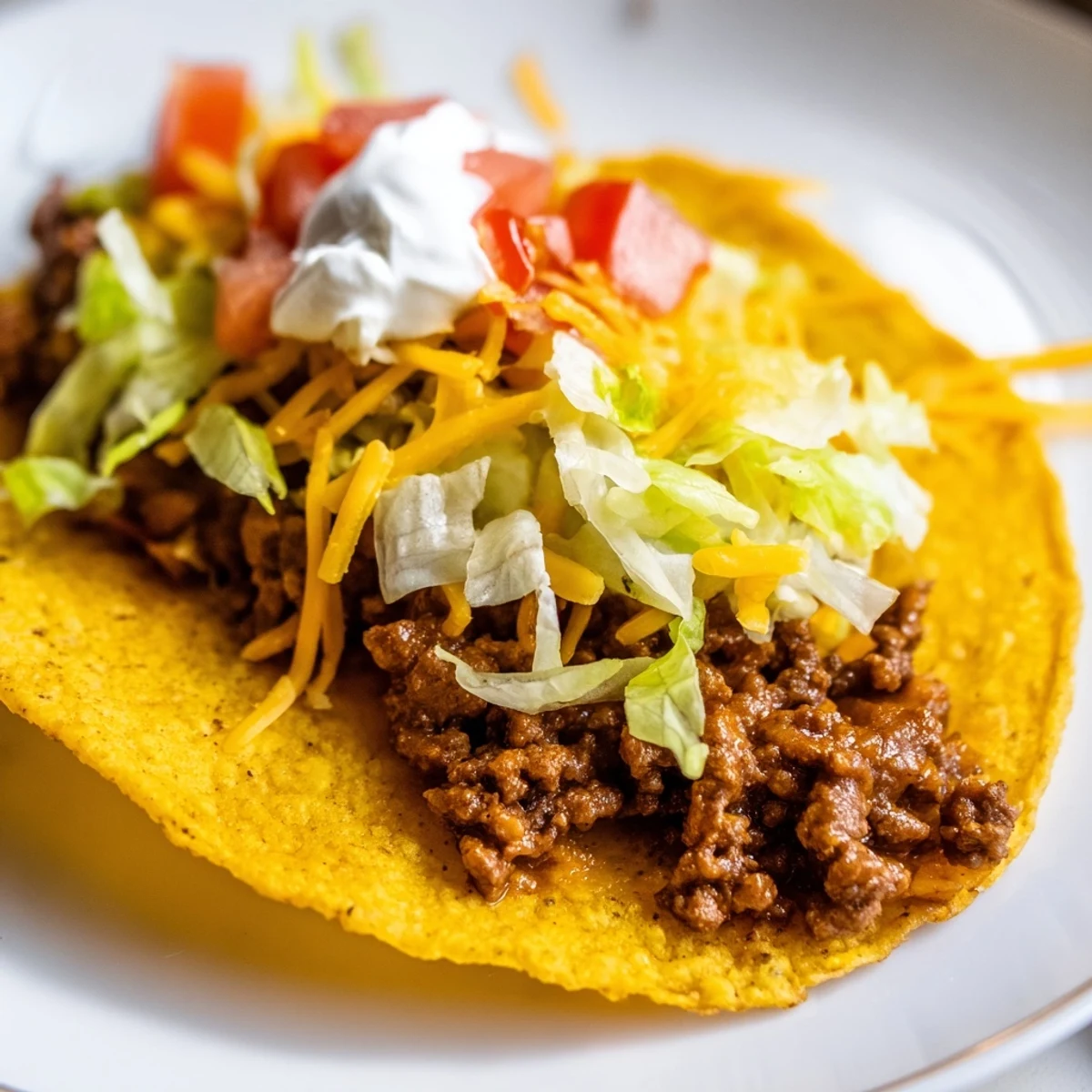 Beef Tacos with Sour Cream and Cheese served on a plate with fresh lime wedges for squeezing.