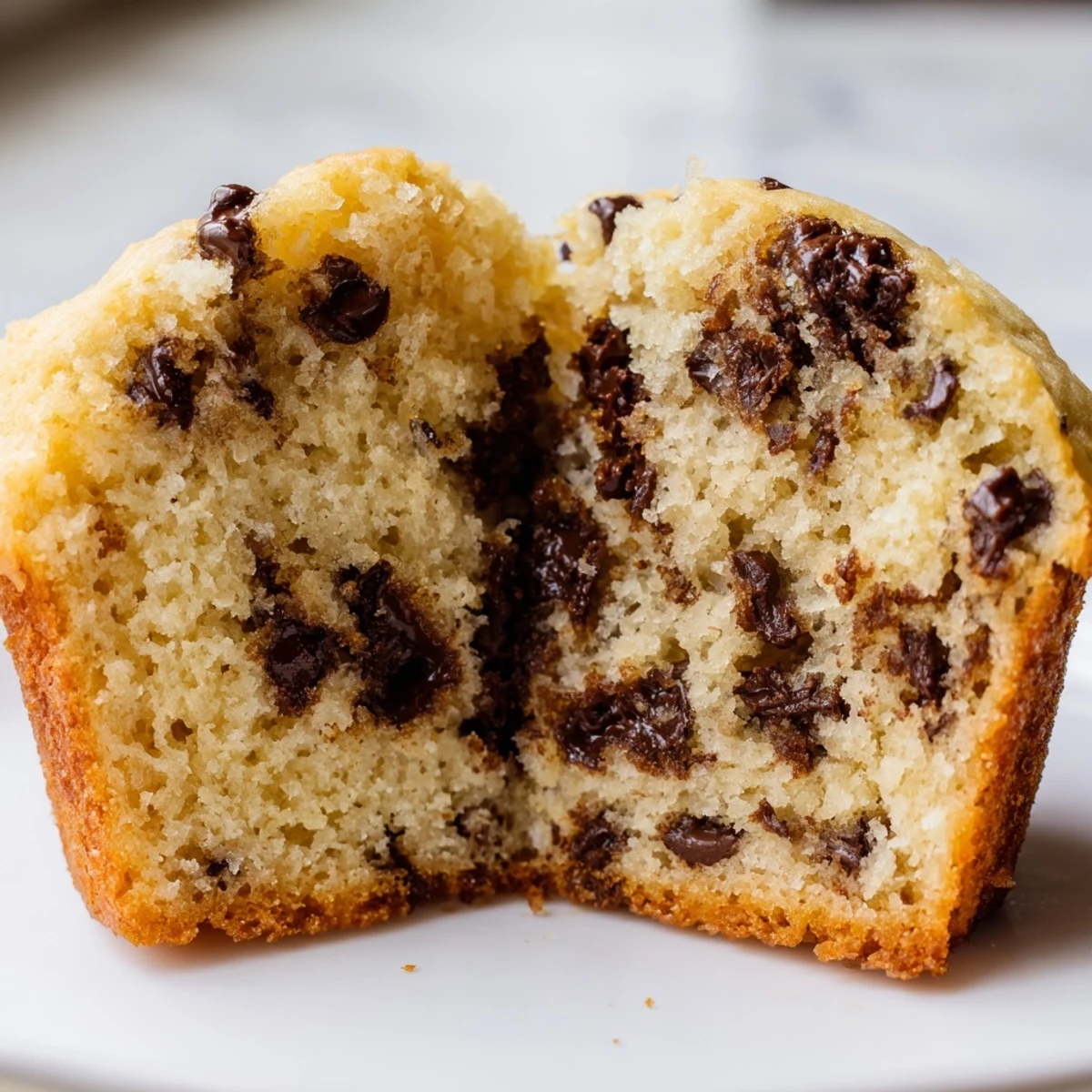 Freshly baked Chocolate Chip Muffins with golden tops and melted chocolate chips sit on a cooling rack. 