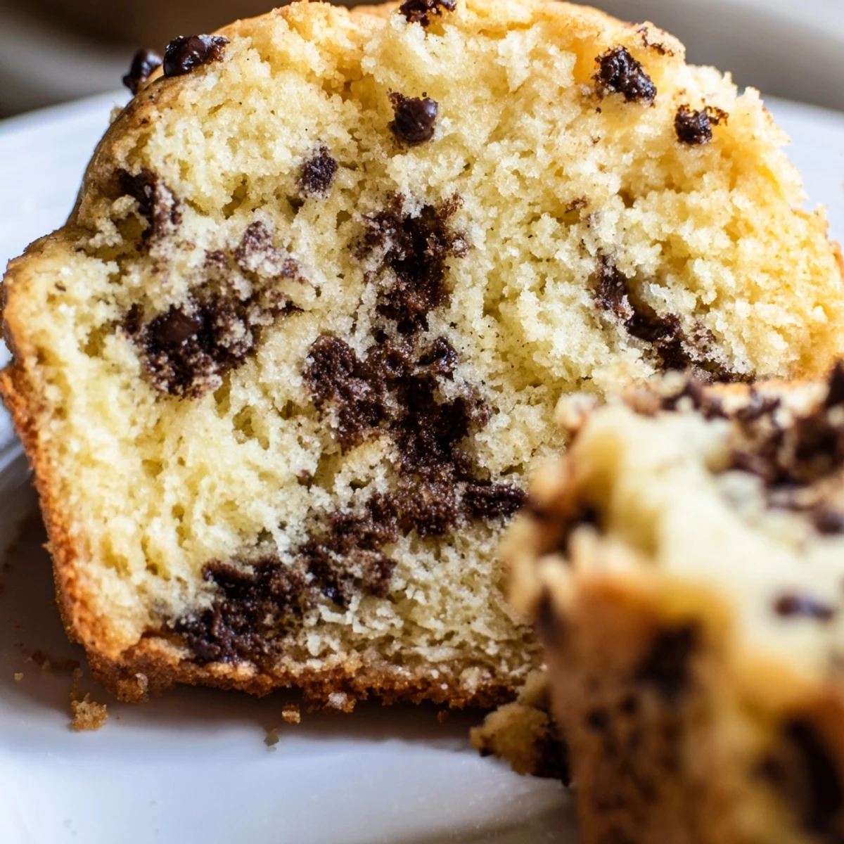 Homemade Chocolate Chip Muffins on a white plate, perfect for a sweet breakfast or afternoon snack.