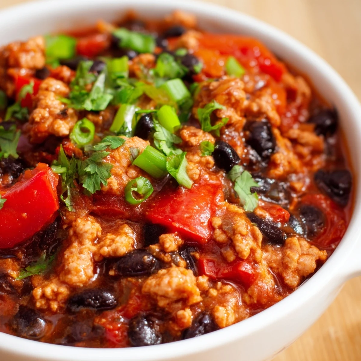 Steaming pot of Turkey Chili with Black Beans and Tomatoes simmering with diced onions and red bell peppers.