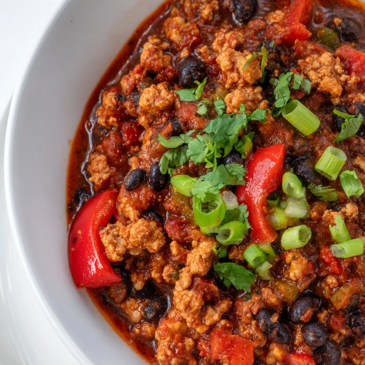 Homemade Turkey Chili with Black Beans and Tomatoes served in a rustic bowl topped with avocado and cilantro.