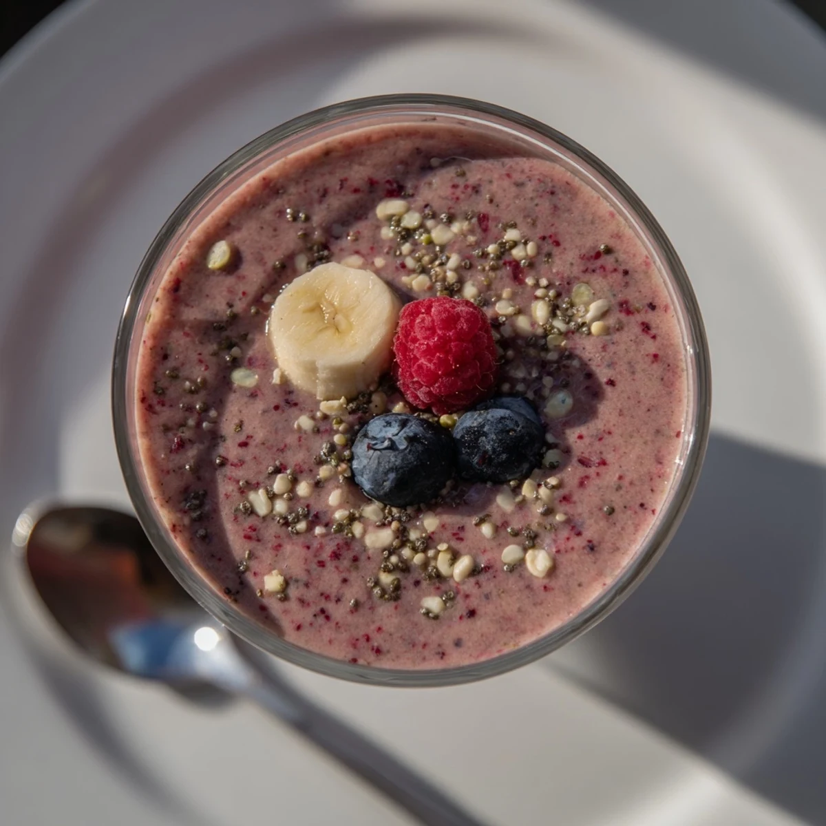Winter Berry Smoothie with Spinach and Banana poured into a glass, garnished with whole berries, perfect for a quick, healthy breakfast.