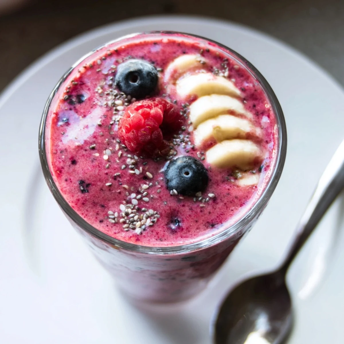 A tall glass of Winter Berry Smoothie with Spinach and Banana, topped with chia seeds, served beside fresh fruit on a marble counter.