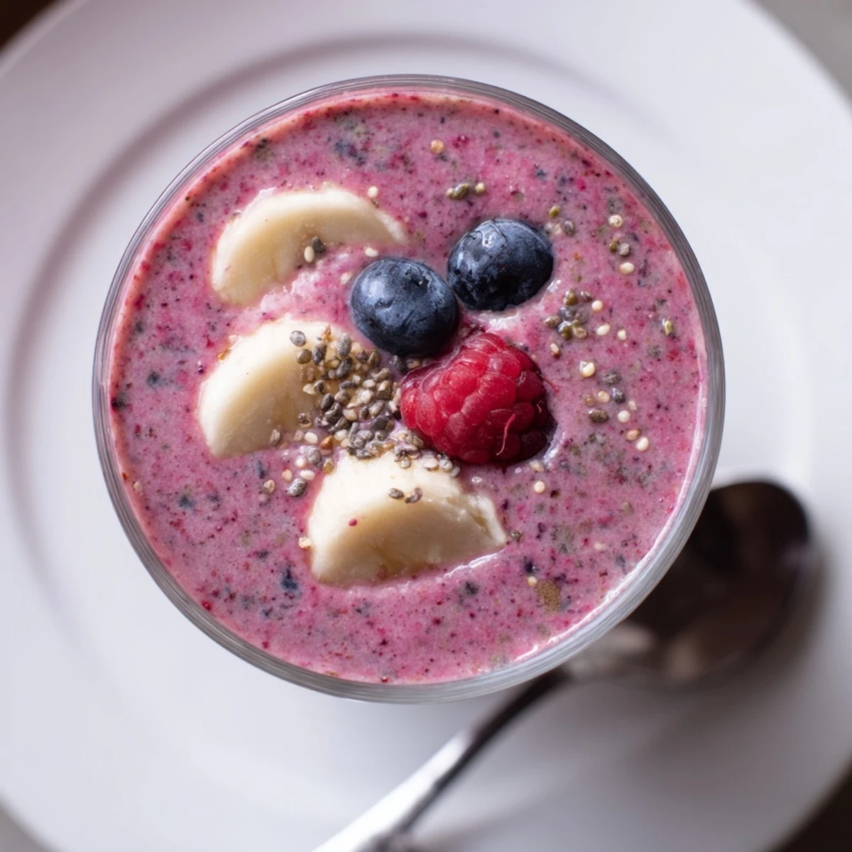 Vibrant purple Winter Berry Smoothie with Spinach and Banana blended in a clear glass, highlighting its creamy texture and fresh green hue.