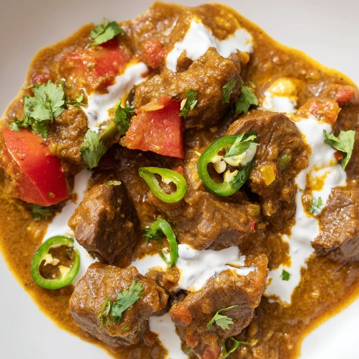 Fork-tender beef chunks simmered in a vibrant, spicy curry sauce, served over fluffy basmati rice and garnished with fresh cilantro.