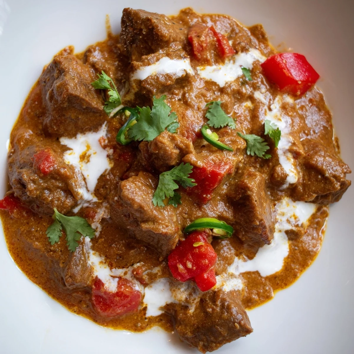Steaming bowl of aromatic Spicy Beef Curry with Basmati Rice, topped with cilantro and a wedge of lime for a fresh finish.