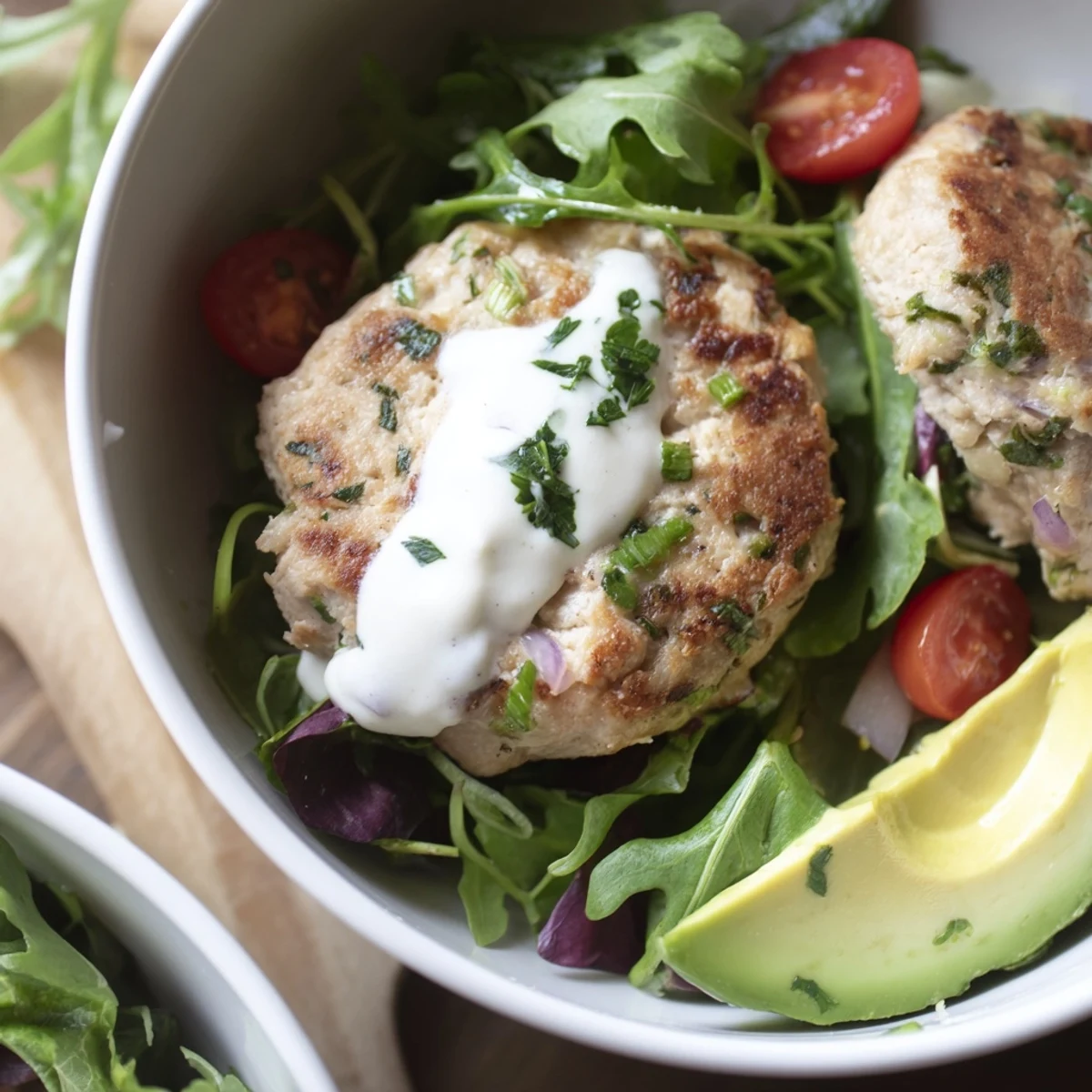 Four Turkey Burger Salad Bowls on a rustic table showcase colorful veggies like shredded carrots and cucumber, perfect for a fresh, wholesome lunch.