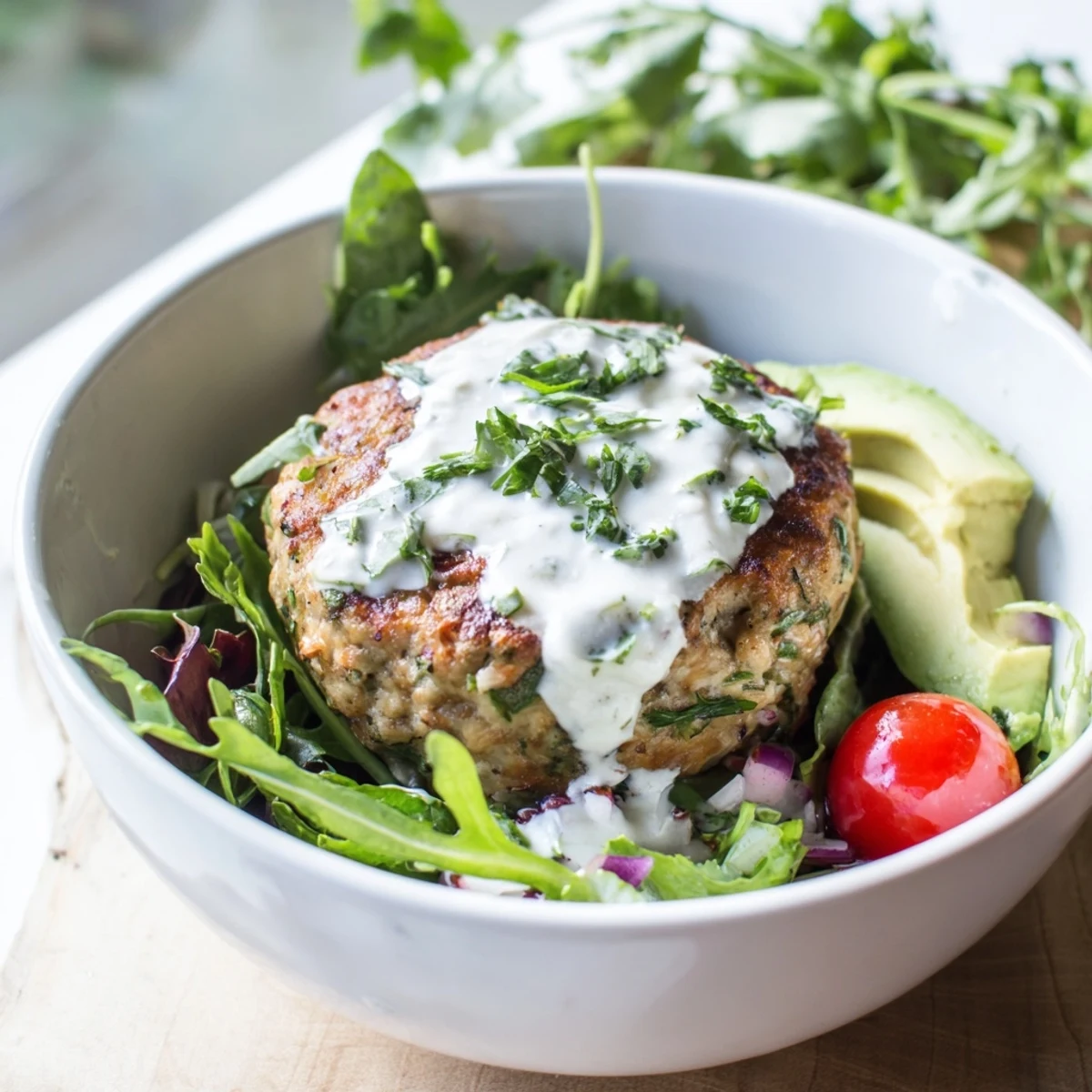 Close-up of a Turkey Burger Salad Bowl highlighting the seared patty on mixed greens, topped with vibrant red onions and a light, zesty drizzle.