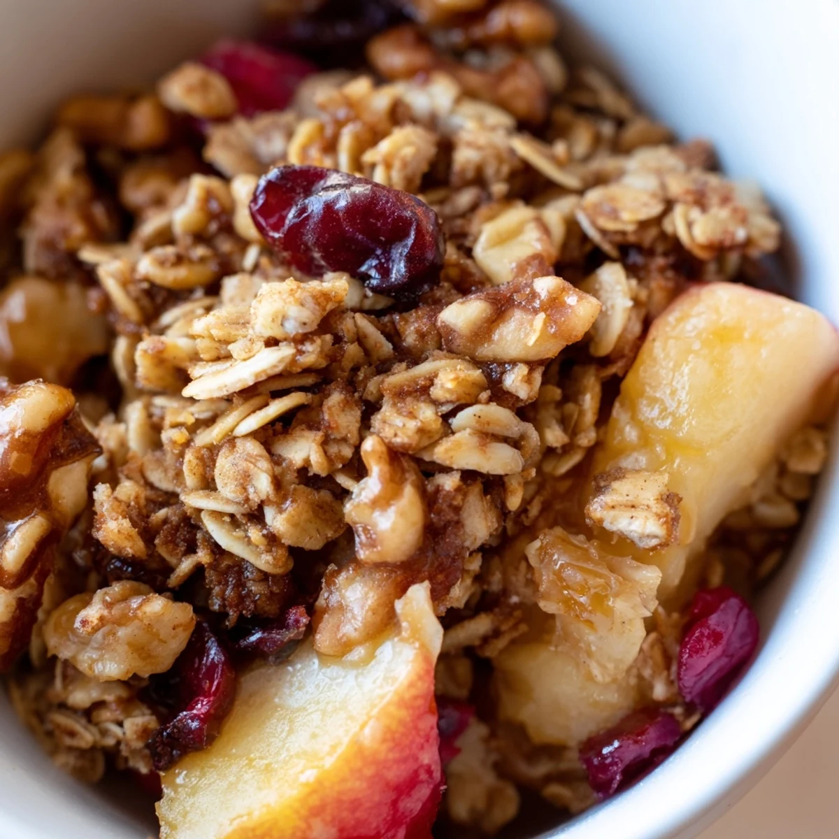 A warm slice of Winter Fruit Crisp reveals bubbling apples and pears beneath a golden oat and walnut streusel.
