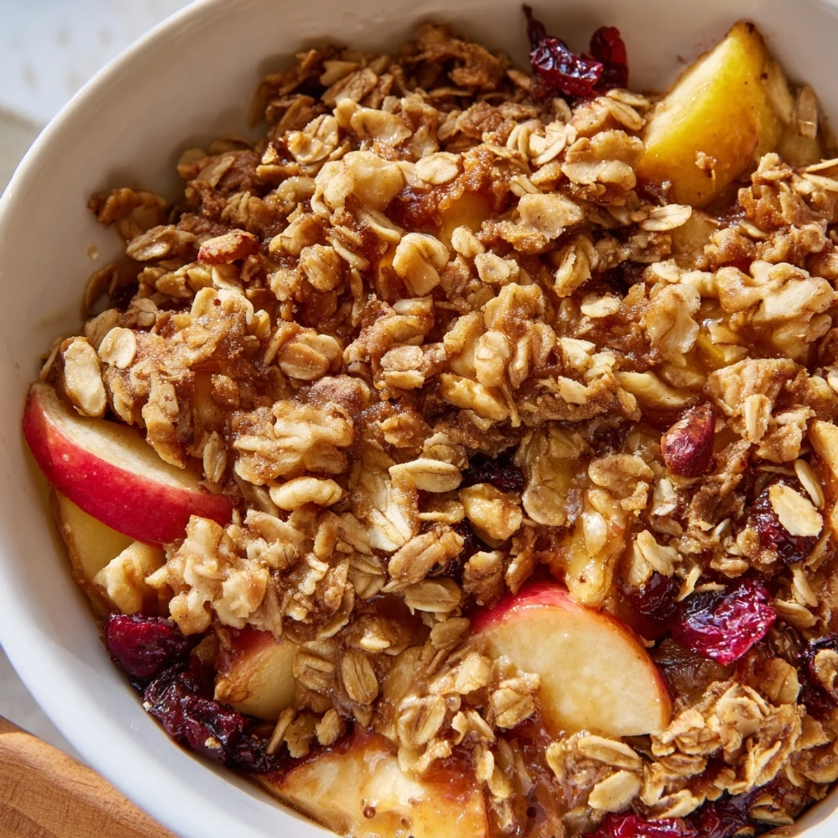 Forkful of baked Winter Fruit Crisp topped with melting vanilla ice cream and a sprinkle of cinnamon on top.