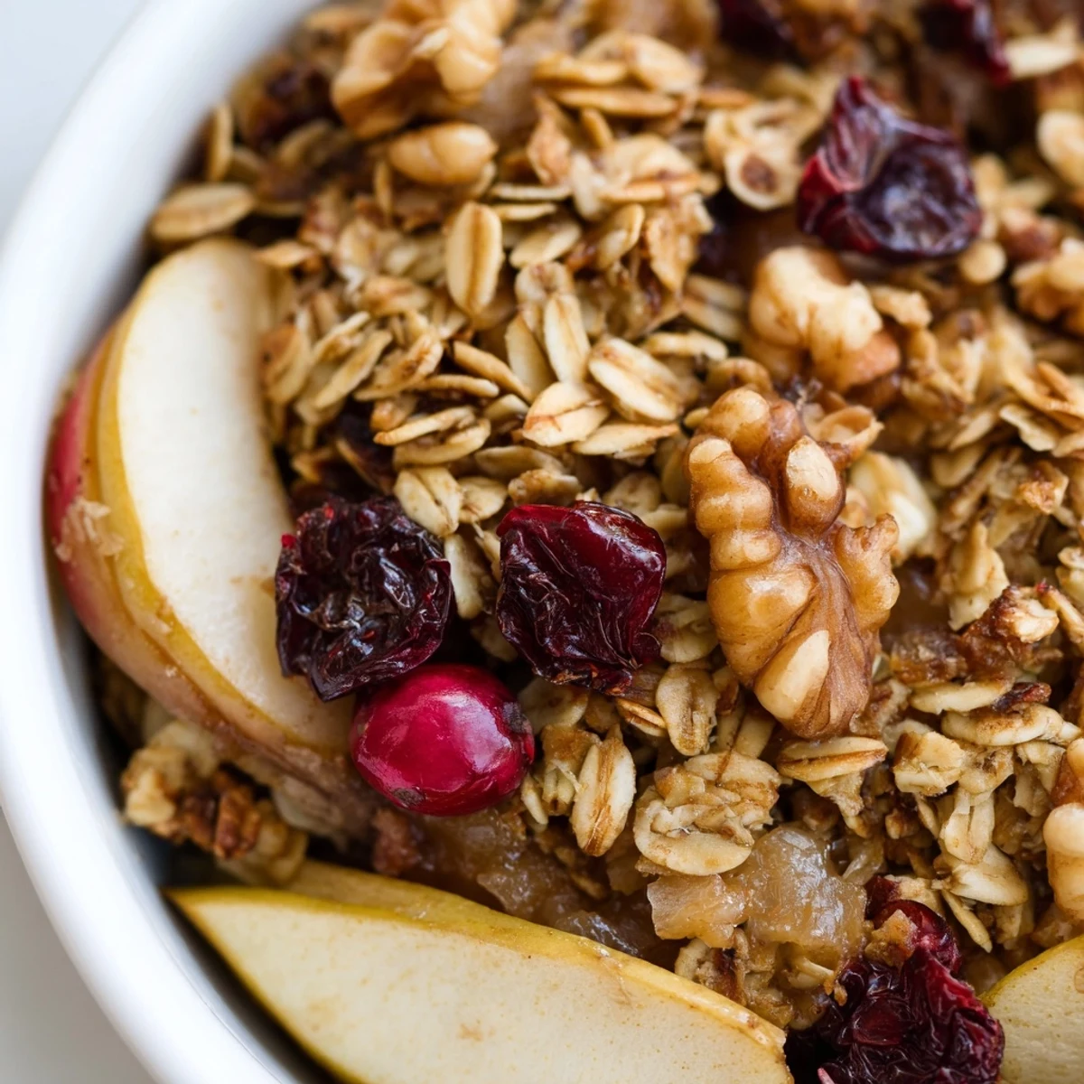 Rustic baking dish of Winter Fruit Crisp featuring red cranberries, dried apricots, and a crunchy, buttery oat topping.