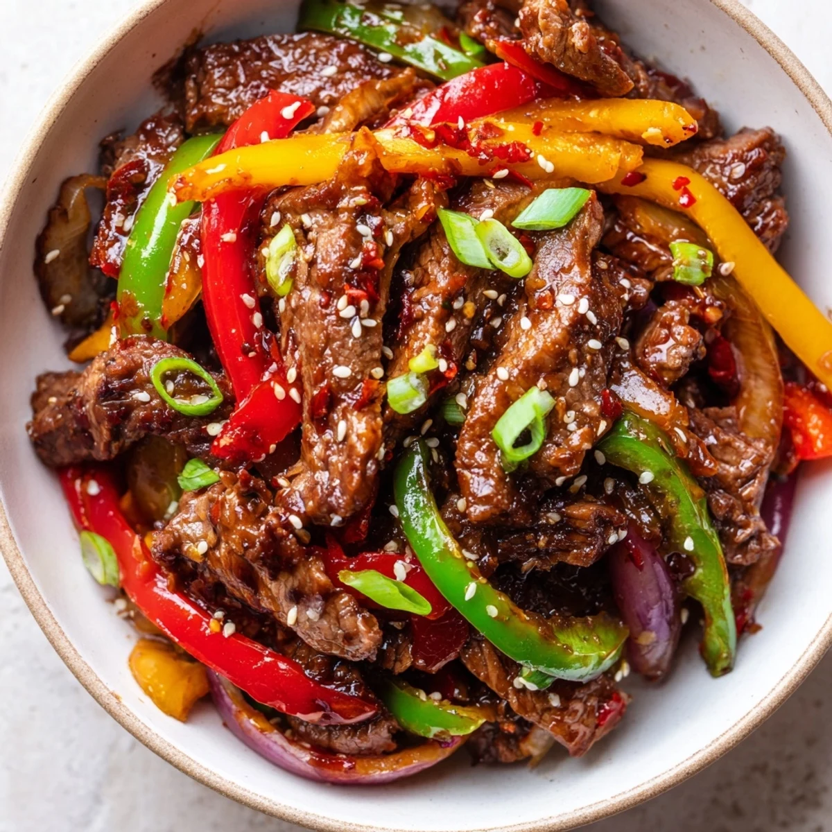Spicy Beef and Pepper Stir Fry sizzles in a hot wok with colorful bell peppers and tender beef slices coated in a glossy, spicy sauce.