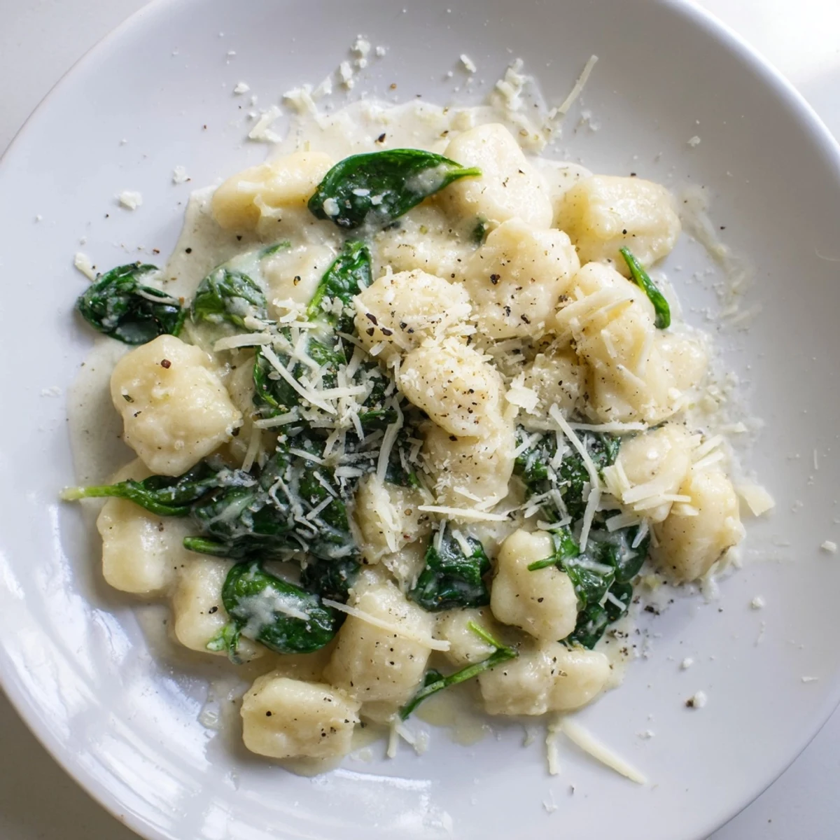 Creamy Gnocchi with Spinach served in a skillet with extra Parmesan and black pepper, ready to enjoy.