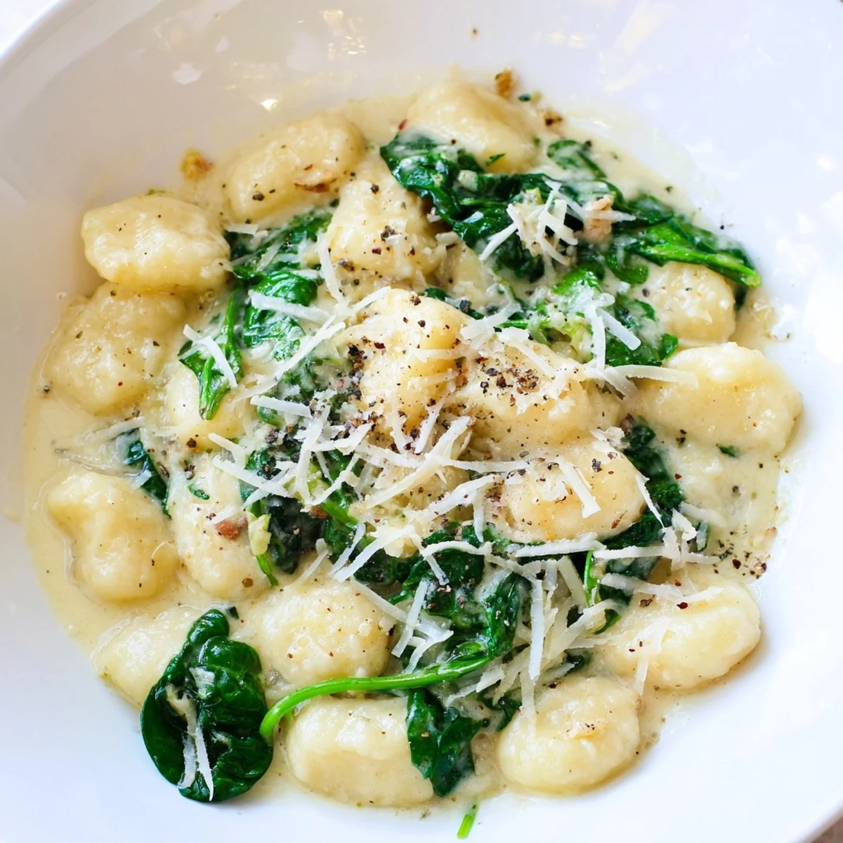 A close-up of Creamy Gnocchi with Spinach in a rich Parmesan sauce, garnished with herbs and pepper.