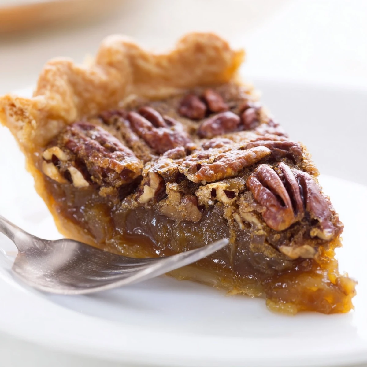 A close-up of a slice of Southern Pecan Pie on a plate, the glossy, caramel filling and toasted pecans glistening, served with a dollop of fresh whipped cream.