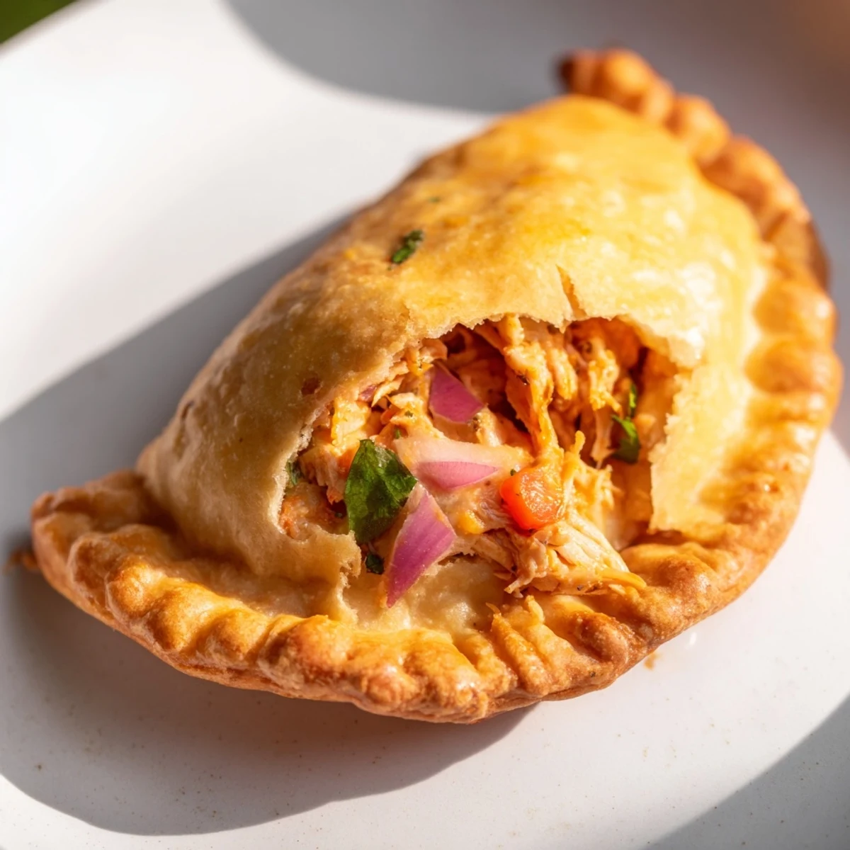 A close-up of one Super Bowl Spicy Chicken Empanada, filled with spicy shredded chicken and peppers, served with salsa.