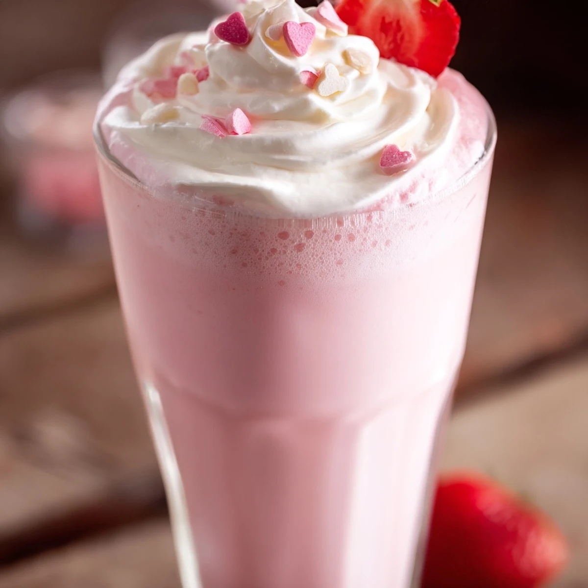 A glass of Valentine Strawberry Milkshake topped with whipped cream and a fresh strawberry half, ready for a romantic dessert.