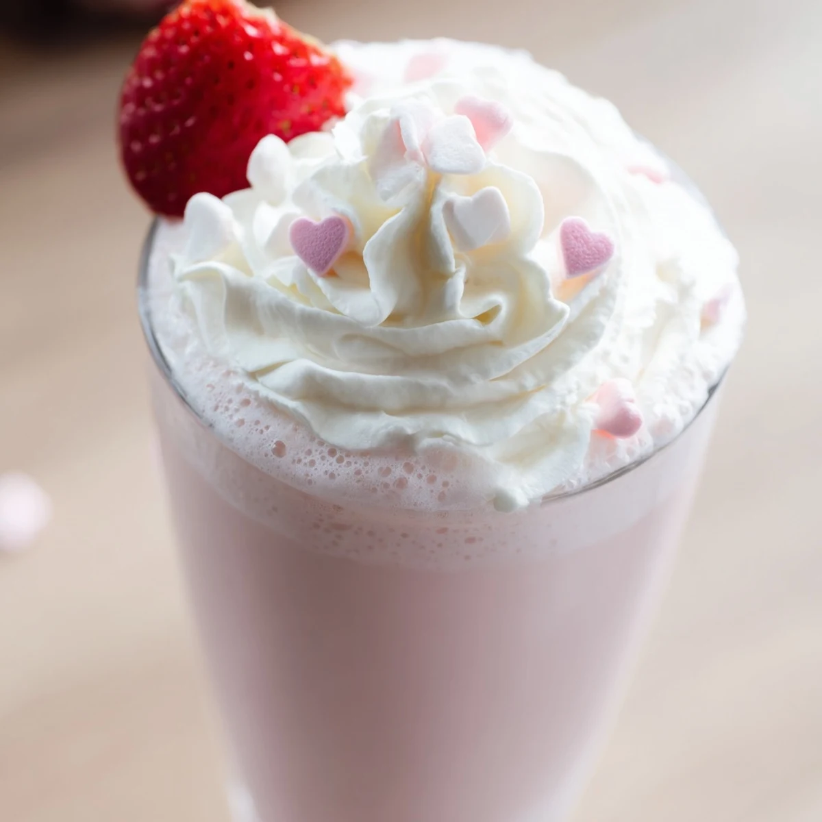 Blended strawberry milkshake garnished with heart-shaped sprinkles, creating a sweet Valentine’s Day treat for two servings.