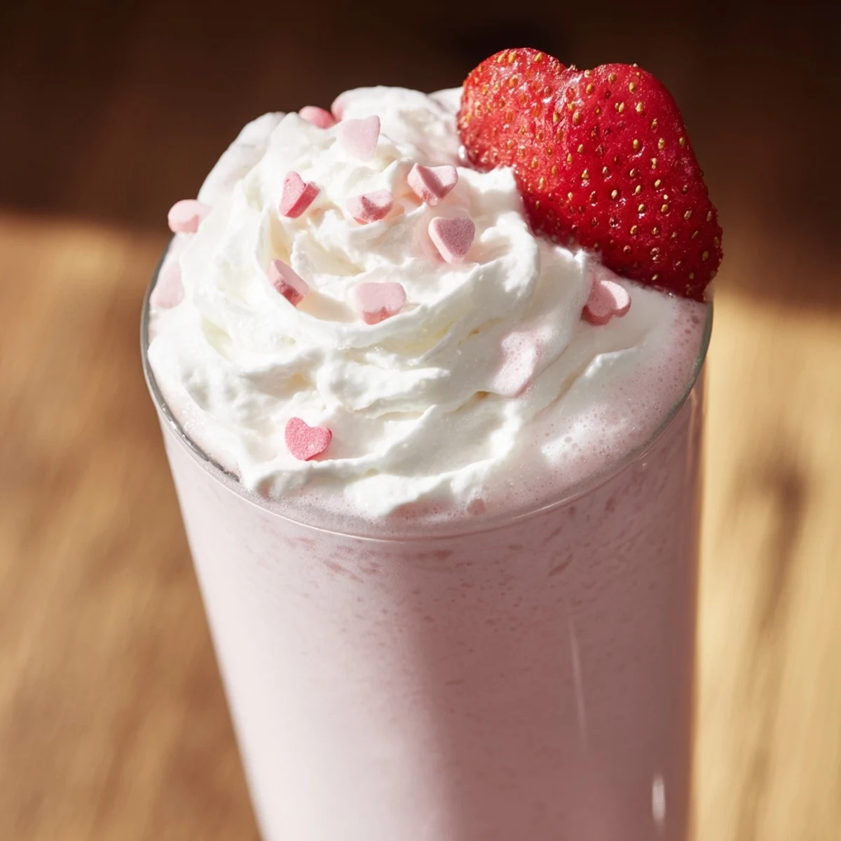 Creamy Valentine Strawberry Milkshake with vanilla ice cream, perfect for celebrating love with a straw and strawberries.