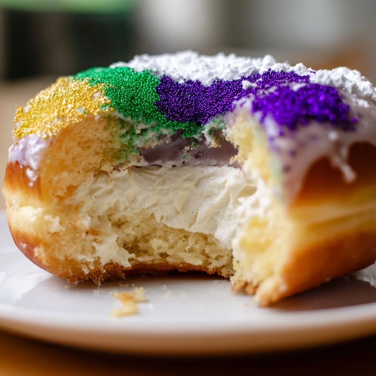 Twelve Mardi Gras King Cake Donuts sit on a wire rack, their glazes dripping with vibrant purple, green, and gold sugars.  