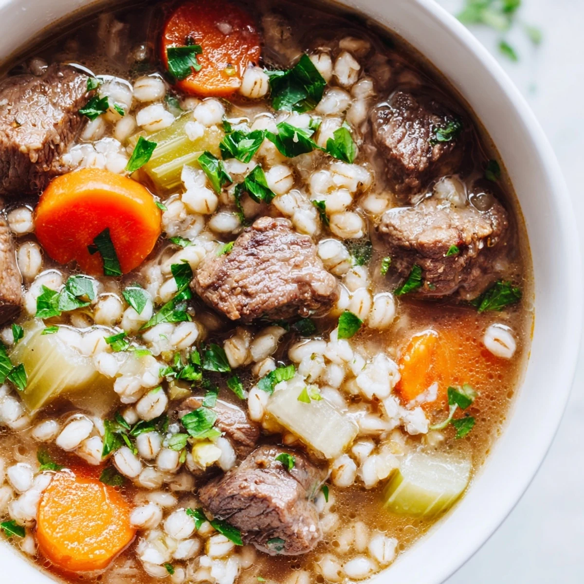 Ladle of Hearty Beef and Barley Stew with Carrots and Celery served in a rustic bowl, steam rising.  