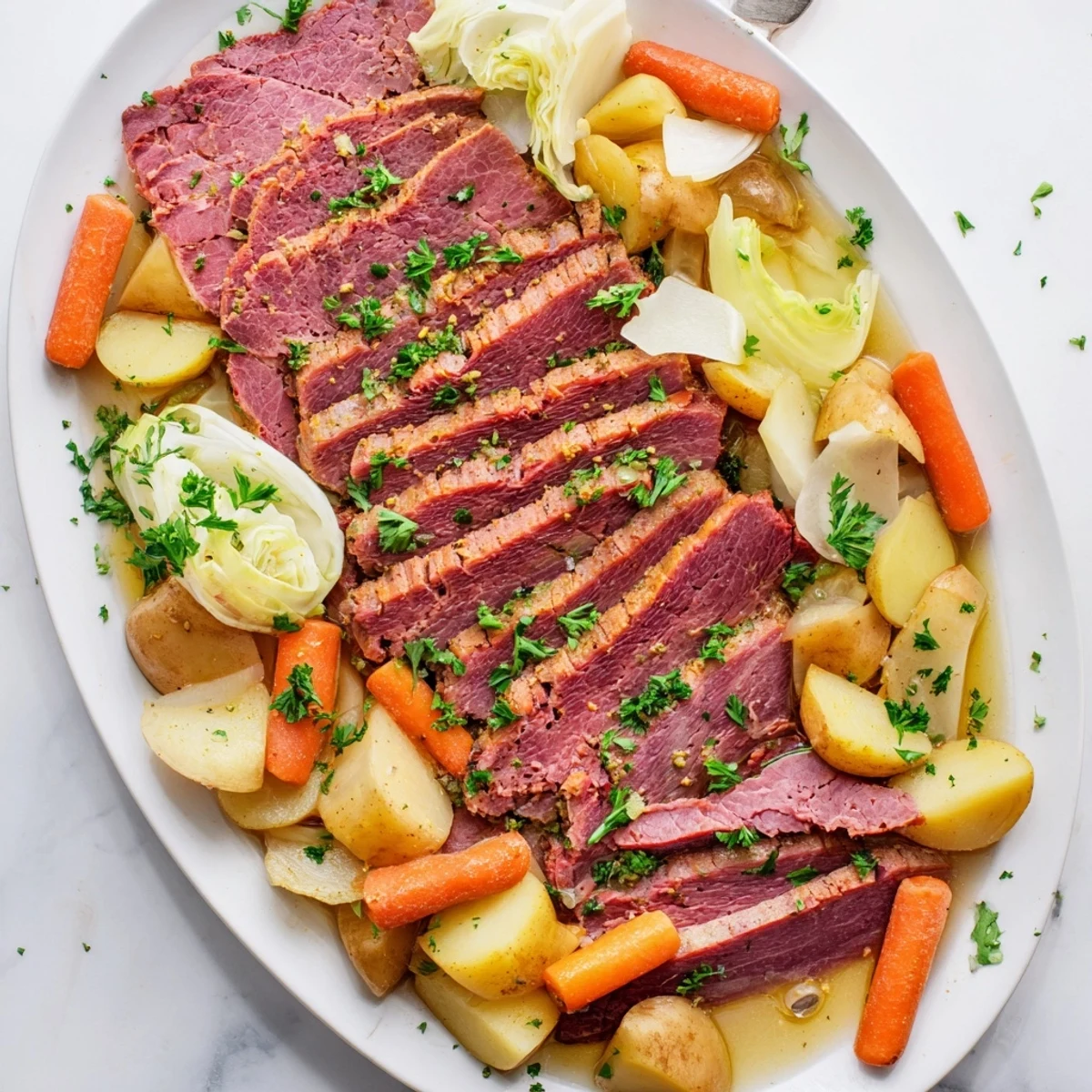Tender slices of halal corned beef brisket served with carrots, potatoes, and cabbage on a platter, garnished with parsley.  