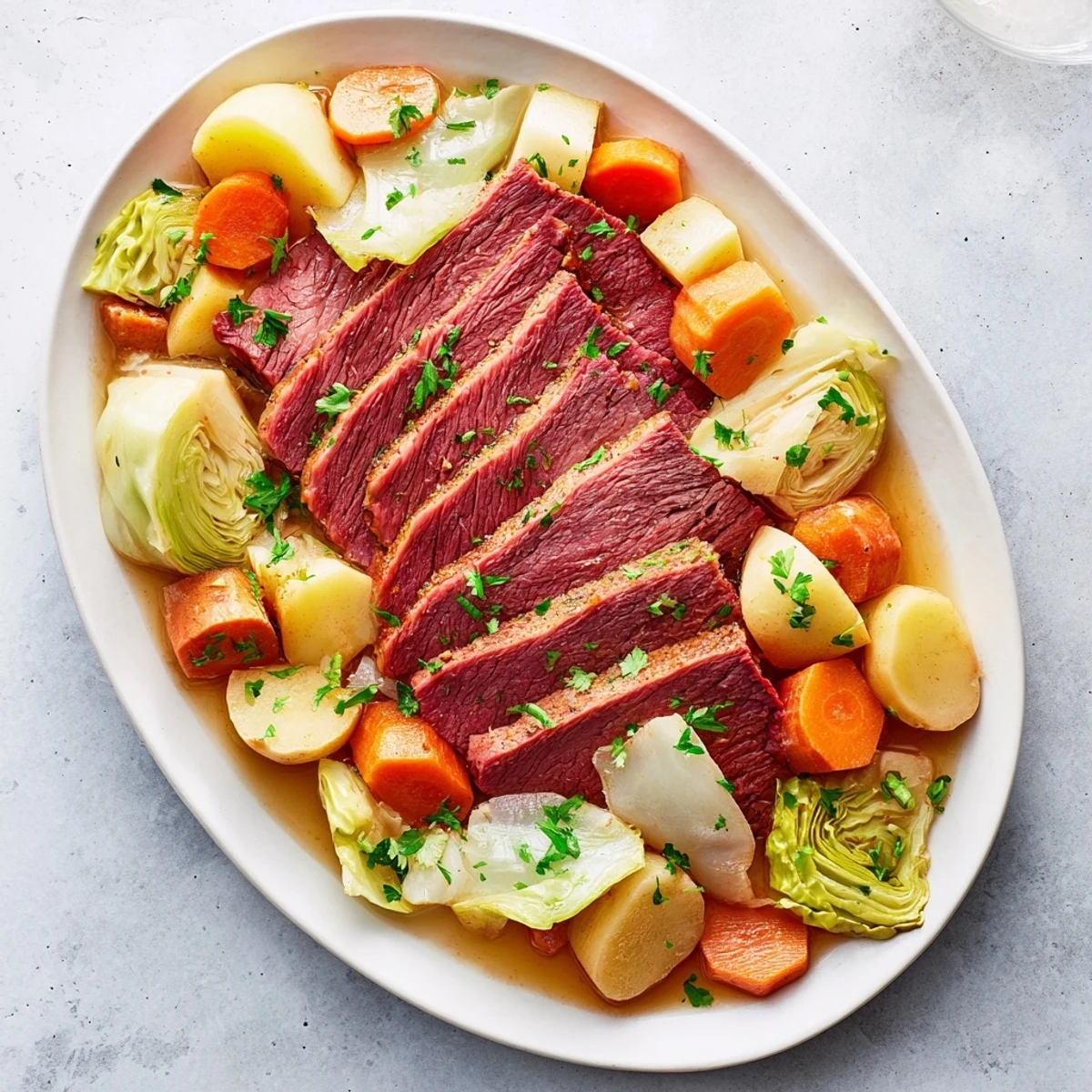 Homemade corned beef brisket with soft carrots, potatoes, and onions, ready to serve with mustard and bread.