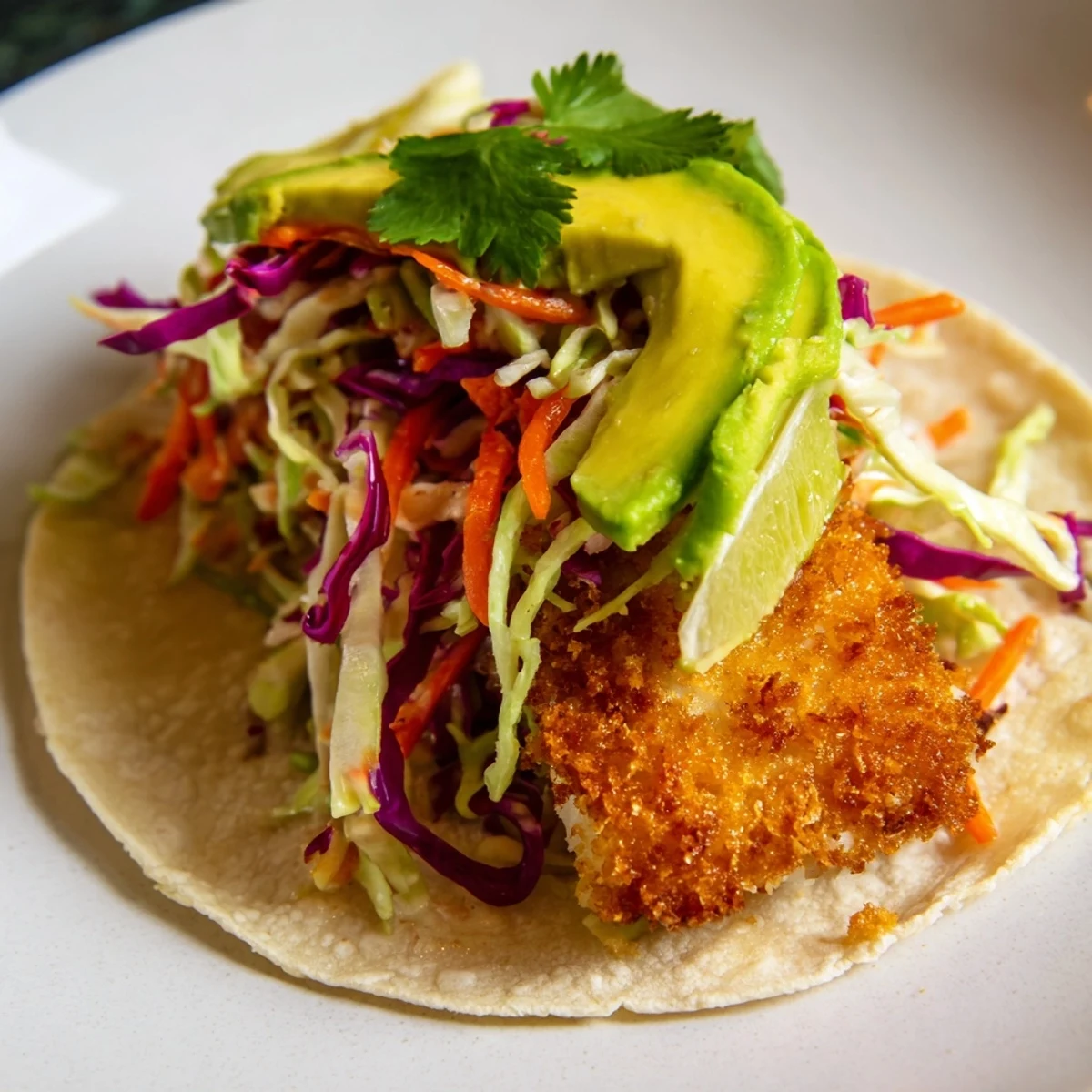 Crispy golden fish tacos topped with vibrant cabbage slaw and fresh lime wedges, served on warm corn tortillas.
