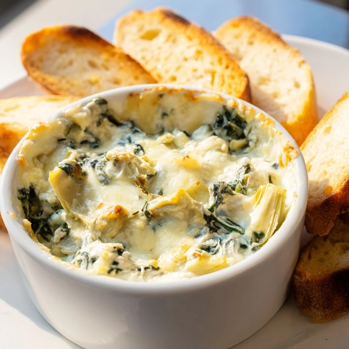 Freshly baked Cheesy Spinach and Artichoke Dip with golden, bubbly cheese crust, served alongside crispy olive oil-brushed baguette slices for dipping.  