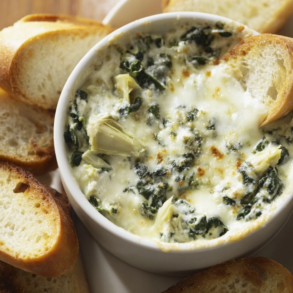 Golden-brown Cheesy Spinach and Artichoke Dip straight from the oven, bubbling and creamy, paired with rustic, crunchy baguette slices for a delicious appetizer.