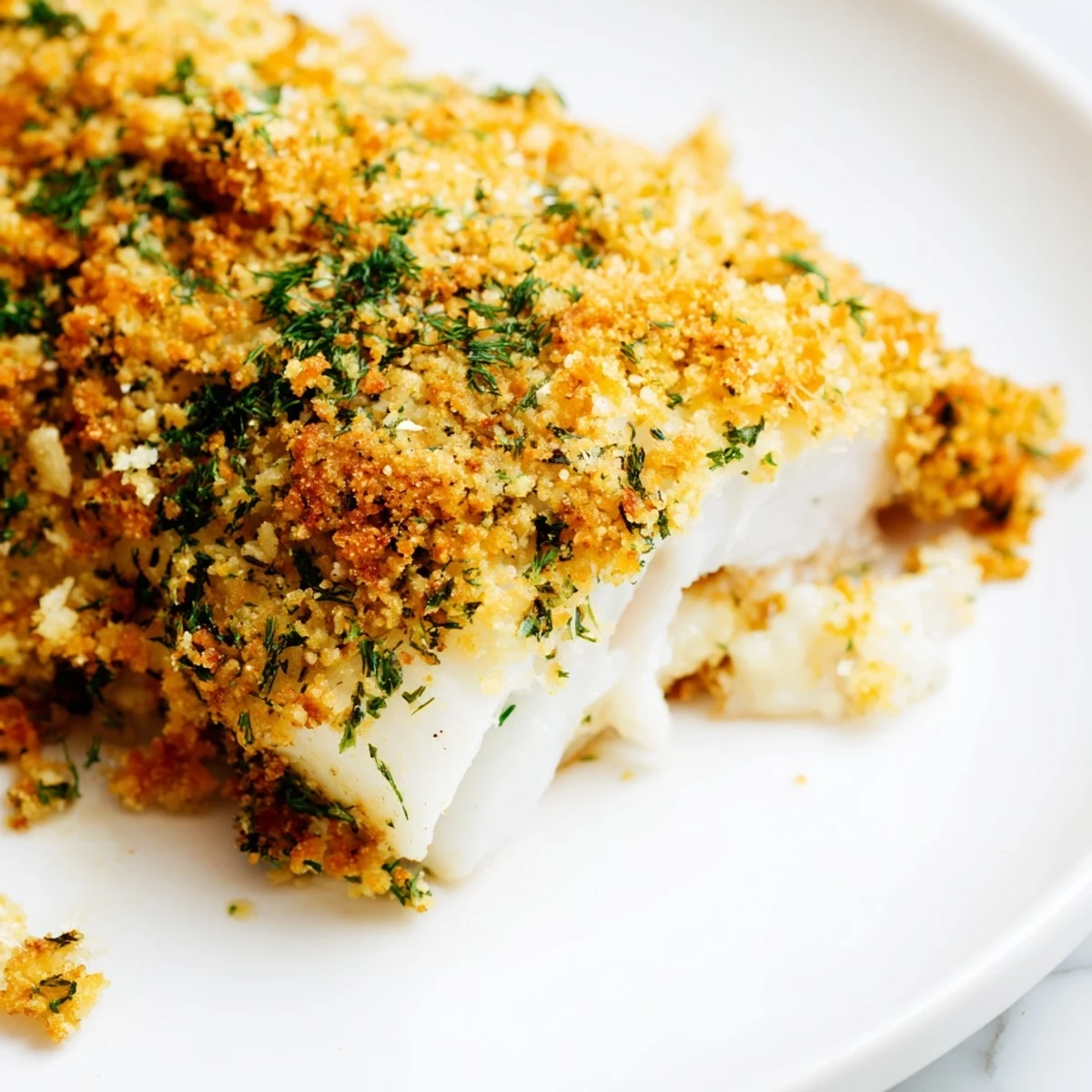A close-up of tender baked cod with fresh herb crust, ready for weeknight dinner.  