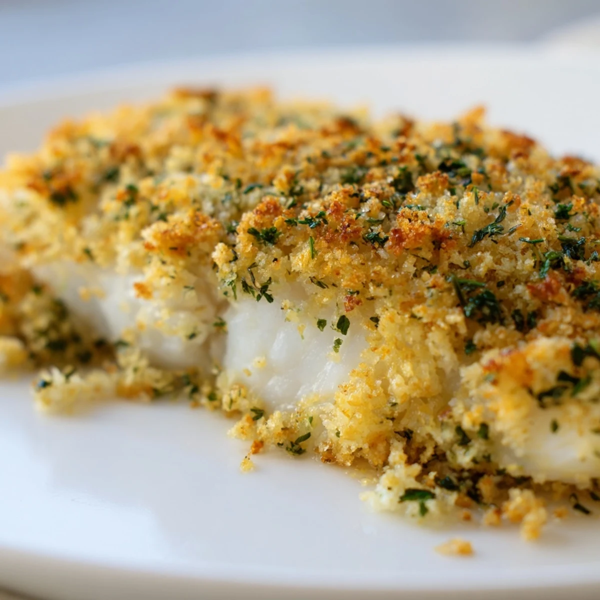 Golden-brown herb-crusted baked cod fillets served with lemon wedges on a rustic plate.  