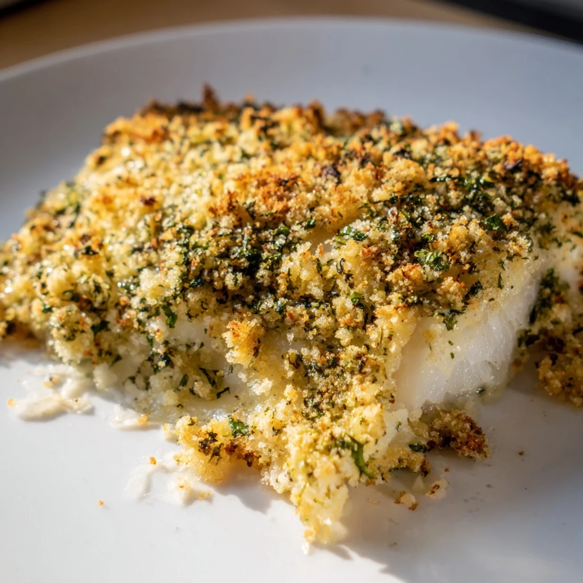 Baked cod with herb crust plated alongside steamed veggies, perfect for a healthy meal.