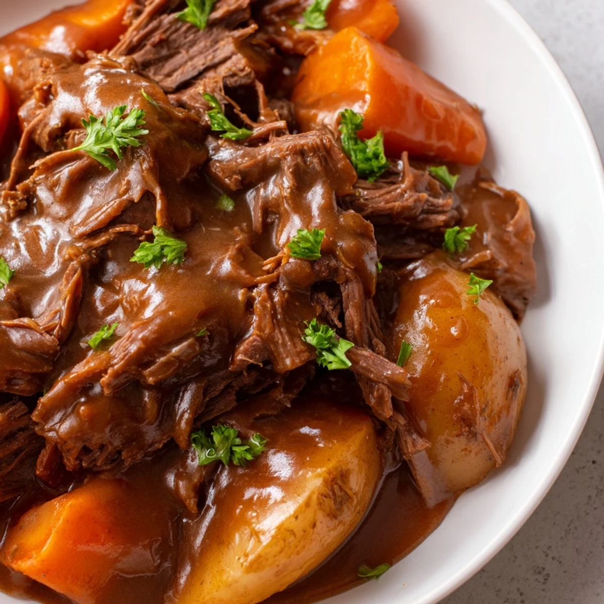 Golden brown Slow Cooker Pot Roast with Gravy and Veggies served in a rustic dish, featuring tender shredded beef, soft carrots, and potatoes.