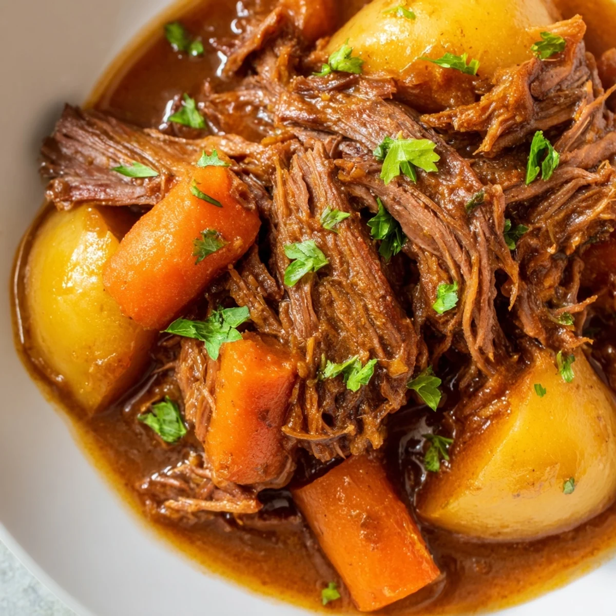 Steam rises from this hearty Slow Cooker Pot Roast with Gravy and Veggies, garnished with fresh parsley and drizzled with rich brown gravy.