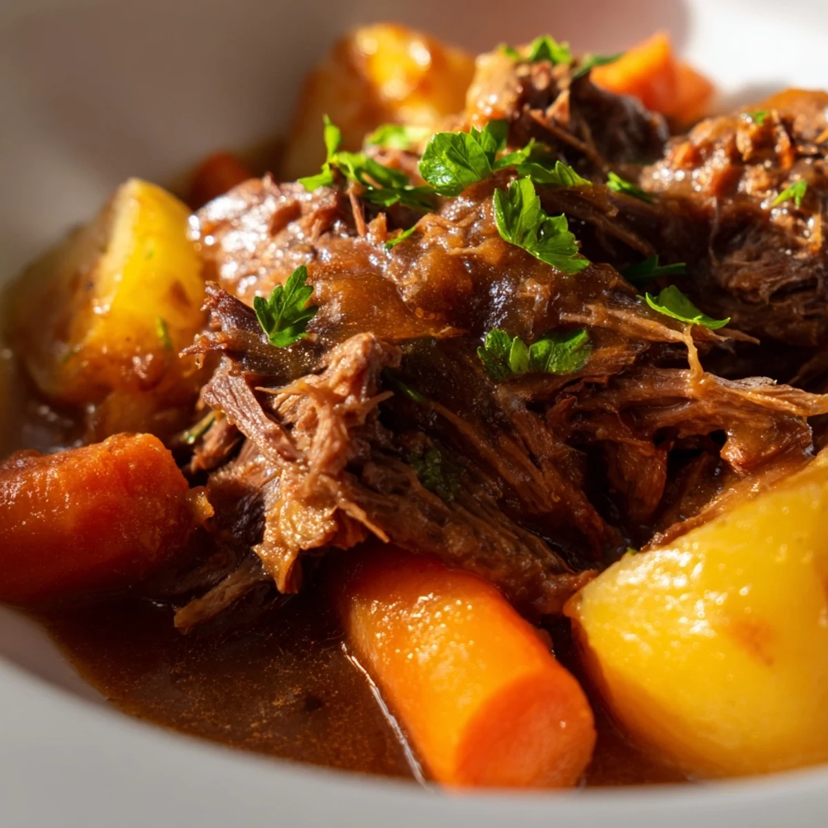 Close-up of Slow Cooker Pot Roast with Gravy and Veggies showcasing juicy meat and glazed vegetables on a white plate for a family dinner.