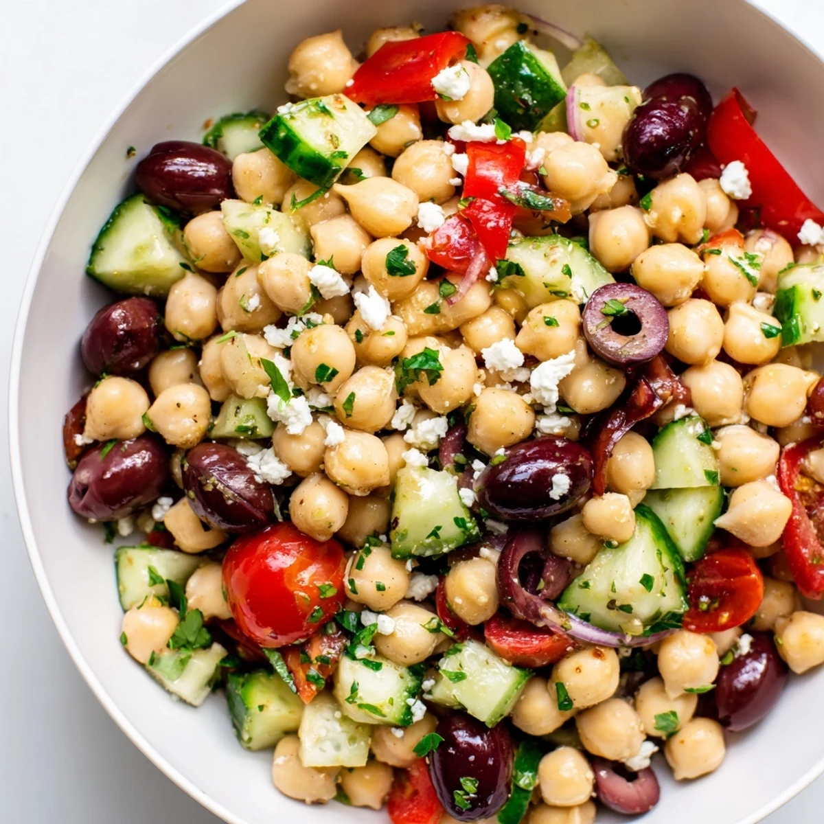 Vibrant Mediterranean Chickpea Salad featuring diced bell peppers and red onion, drizzled with lemon dressing, ideal for a light lunch.
