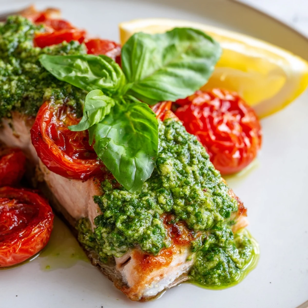Golden-baked salmon fillets glistening with basil pesto and roasted cherry tomatoes on a sheet pan.