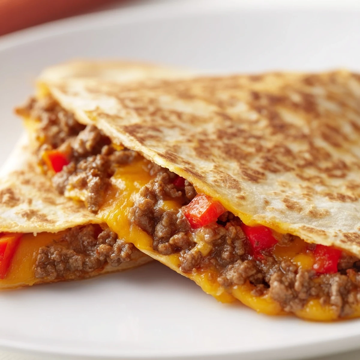 Golden, crispy Beef Quesadillas with guacamole and salsa served on a rustic plate.
