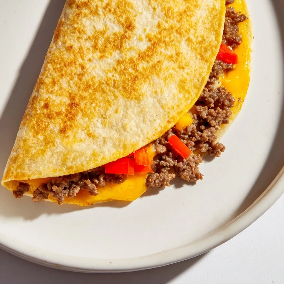Melty cheese and seasoned beef peek from a toasted flour tortilla wedge.