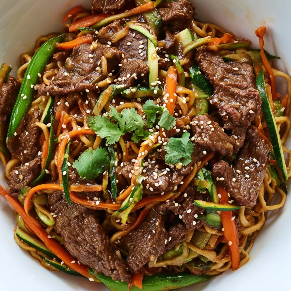 Steaming Spicy Beef Noodles with Vegetables in a wok, featuring tender beef strips and vibrant bell peppers tossed in a glossy sauce.  
