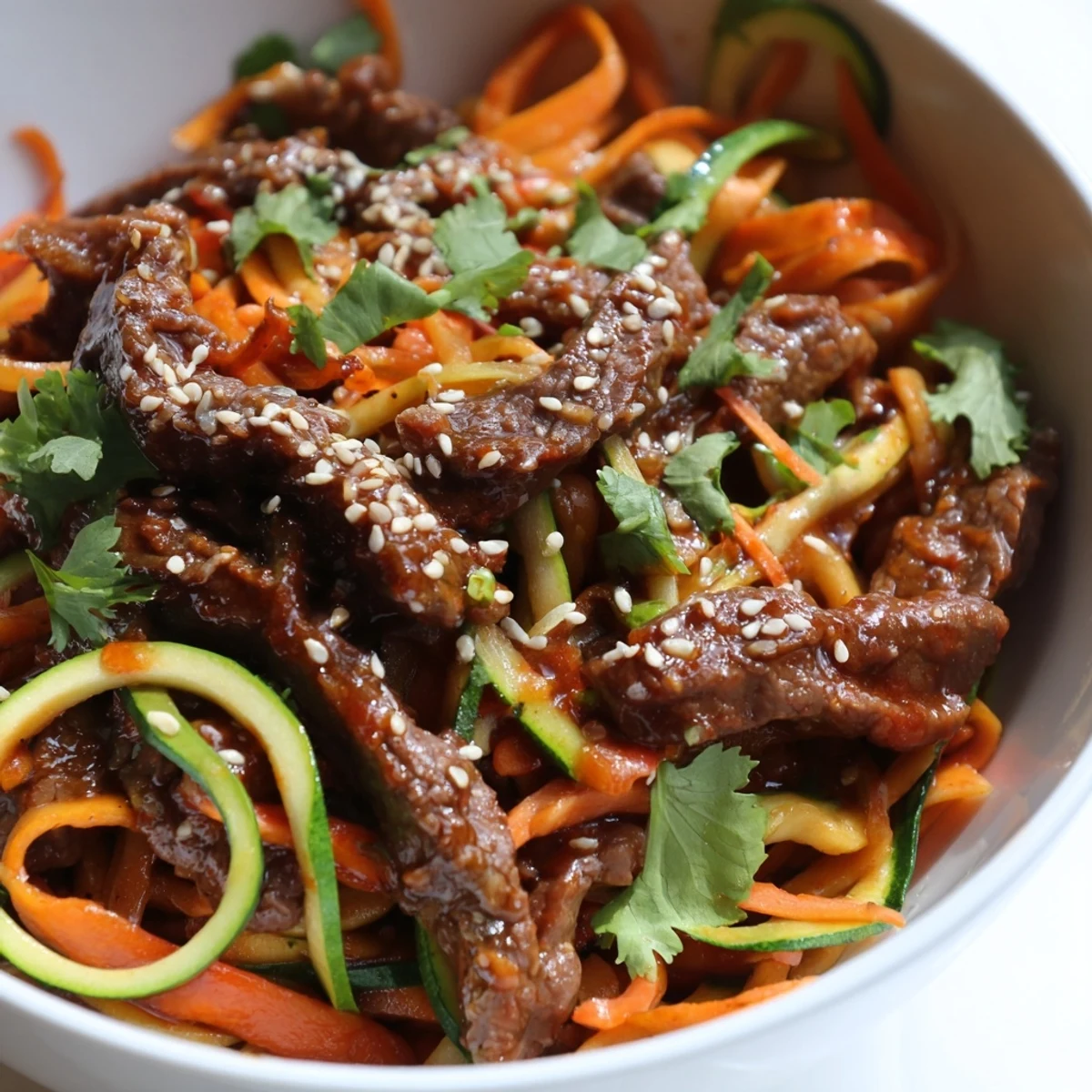 A close-up of Spicy Beef Noodles with Vegetables, garnished with fresh cilantro and sesame seeds, served in a rustic bowl with lime wedges.  